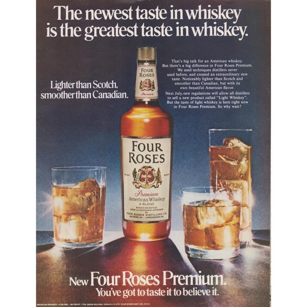 Vintage 1971 Four Roses Whiskey Print Ad Premium Bottle Glasses Bar Lounge Decor